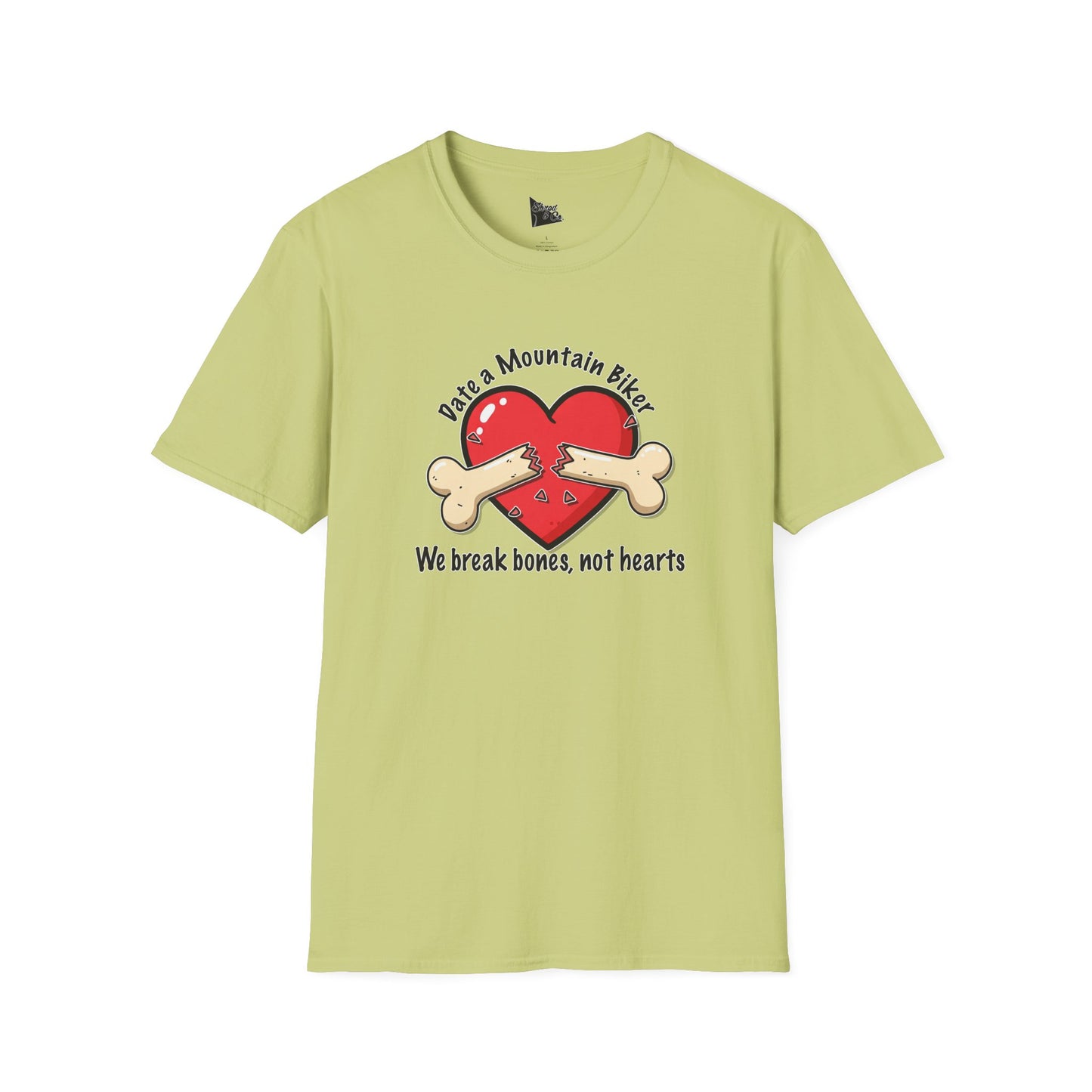 Funny Mountain Biker T-Shirt - "We Break Bones, Not Hearts" Unisex Softstyle Tee