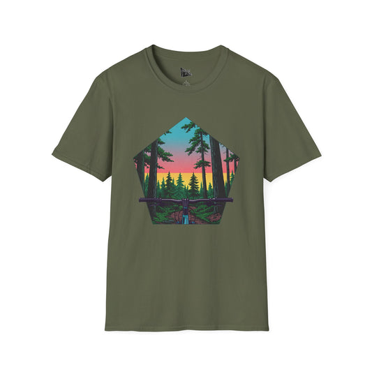 Nature Escape Unisex Softstyle T-Shirt - Sunset Forest Adventure Graphic