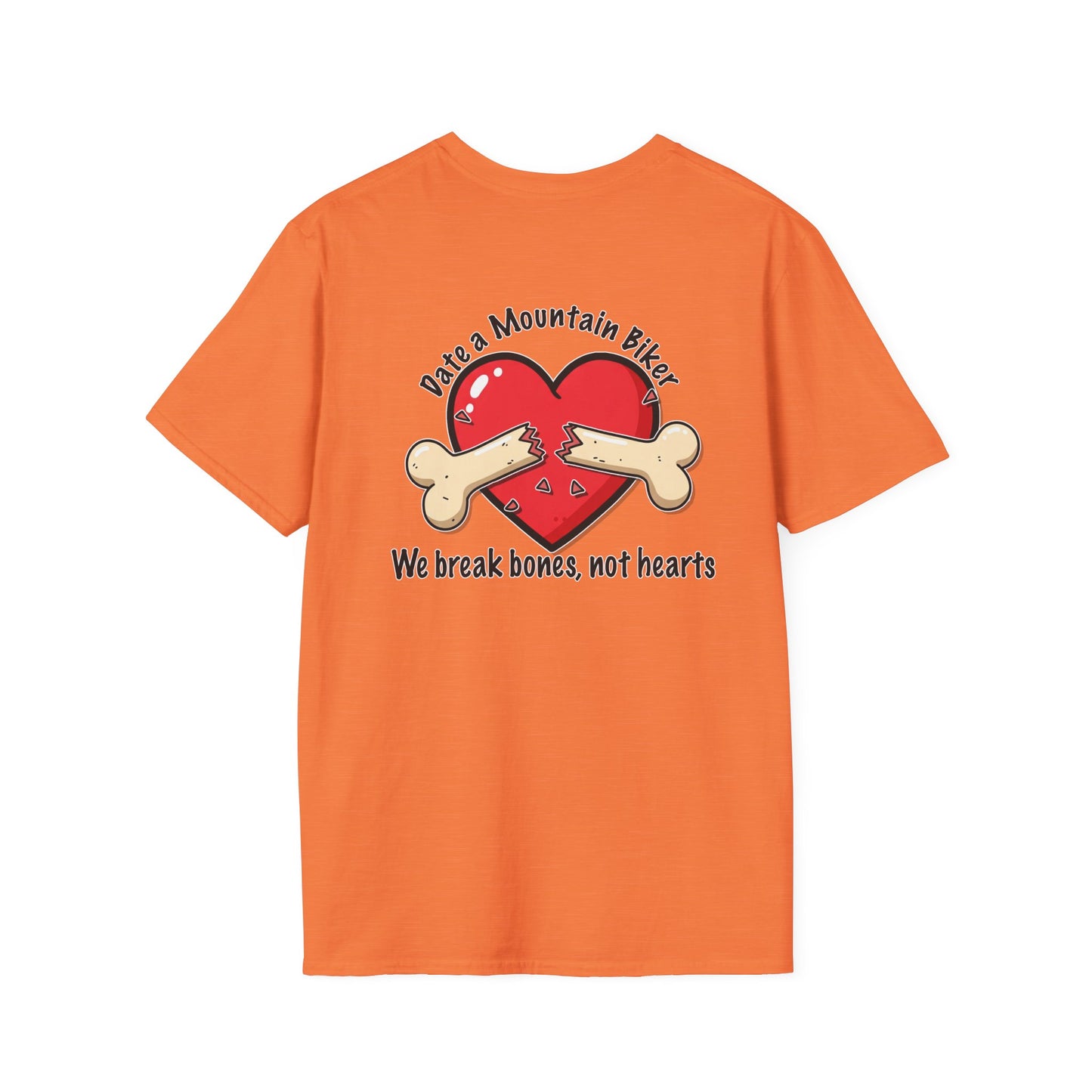 Funny Mountain Biker T-Shirt - "We Break Bones, Not Hearts" Unisex Softstyle Tee