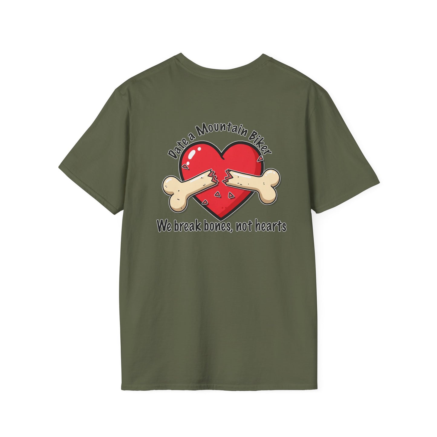 Funny Mountain Biker T-Shirt - "We Break Bones, Not Hearts" Unisex Softstyle Tee