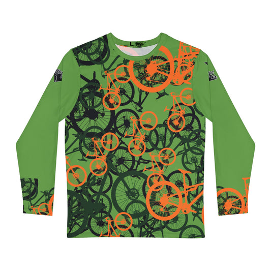 Men's Long Sleeve Cycling Shirt - Vibrant Green and Orange Bicycle Design