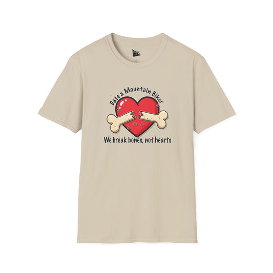 Funny Mountain Biker T-Shirt - "We Break Bones, Not Hearts" Unisex Softstyle Tee