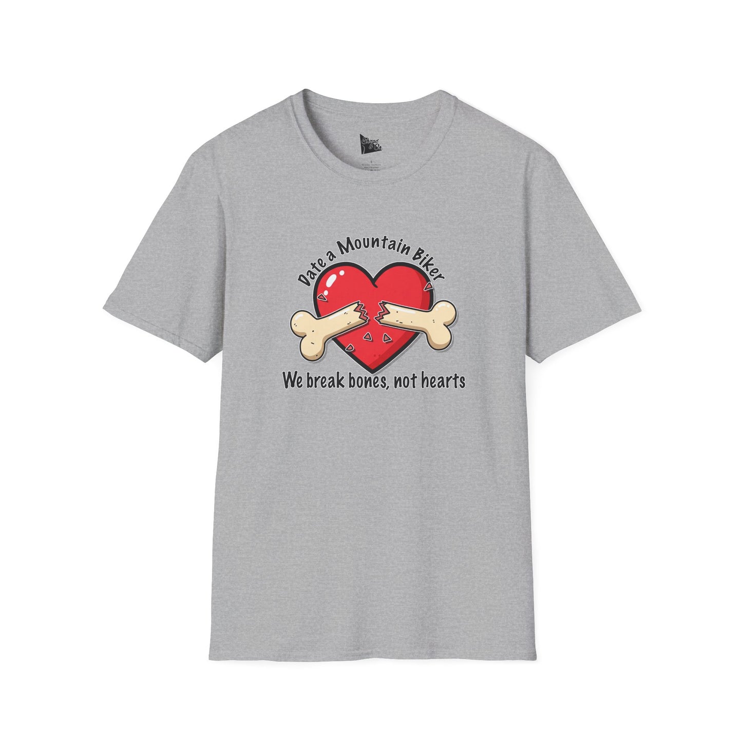 Funny Mountain Biker T-Shirt - "We Break Bones, Not Hearts" Unisex Softstyle Tee